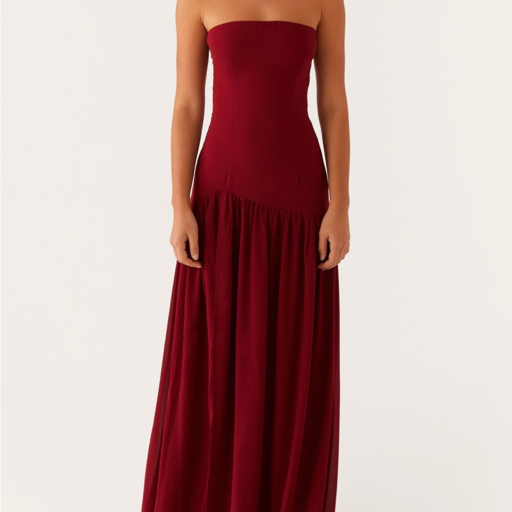 Burgundy Merlot Drop-waist Strapless Maxi Dress - Picture 1 of 5